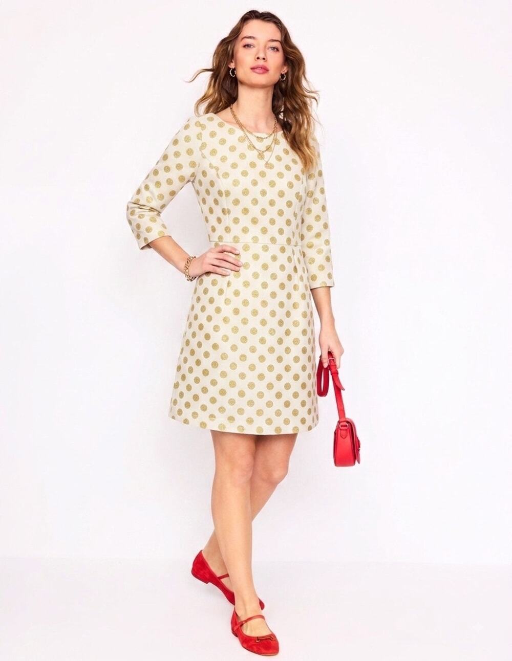 Boden Cream & Gold Metallic Polka Dot A-Line Party Dress Size 6R